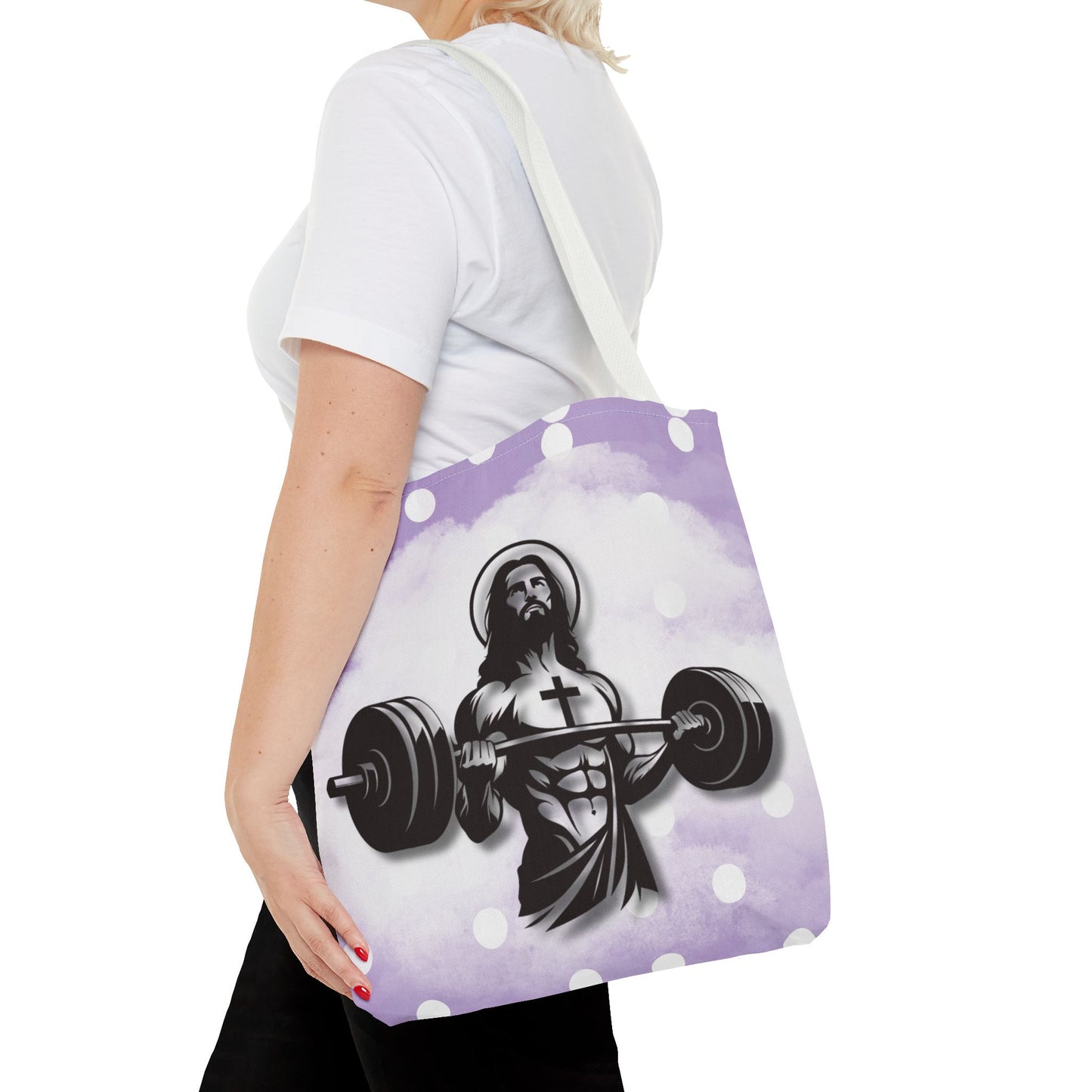 Funny Hot Jesus Christ Six Packs Abs Gym Church Tote Bag Purple Polka dots