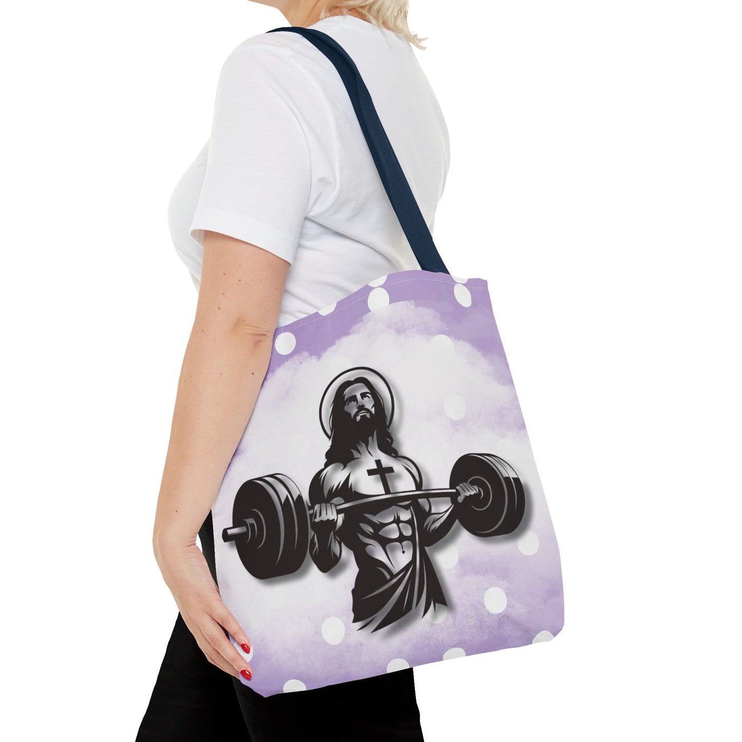 Funny Hot Jesus Christ Six Packs Abs Gym Church Tote Bag Purple Polka dots