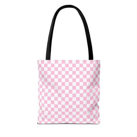 Personlized Name Nasmaste Cute Cat Simple Retro Pink Checkered Tote Bag