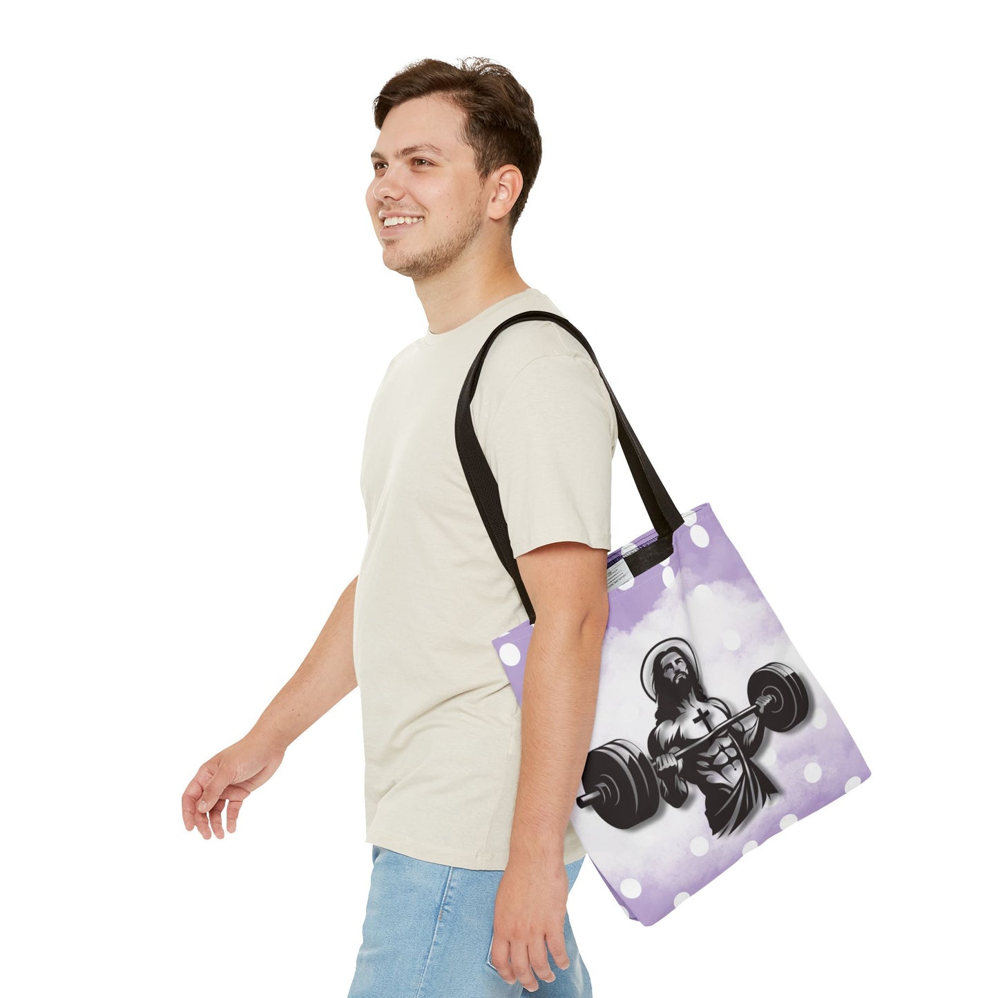 Funny Hot Jesus Christ Six Packs Abs Gym Church Tote Bag Purple Polka dots