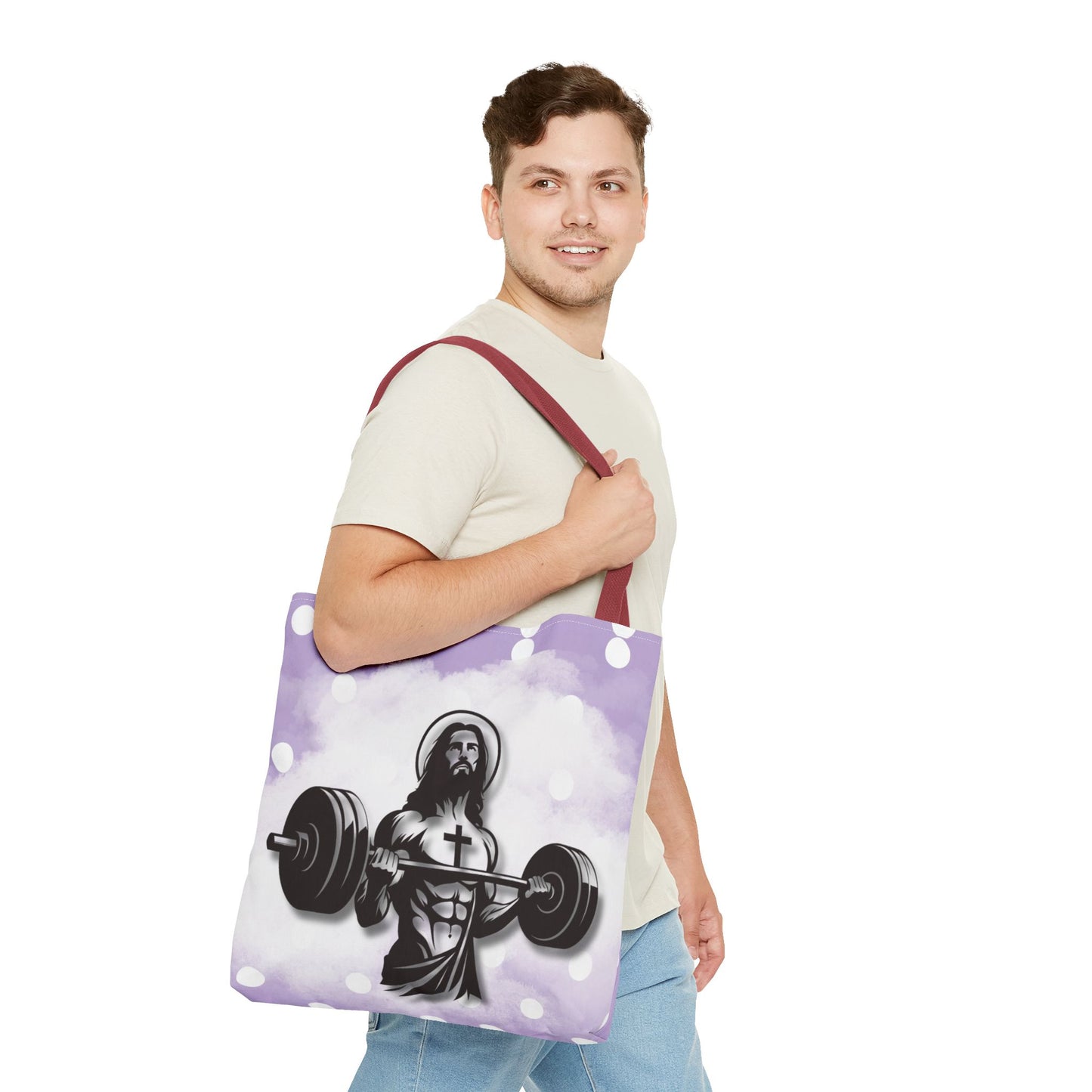 Funny Hot Jesus Christ Six Packs Abs Gym Church Tote Bag Purple Polka dots