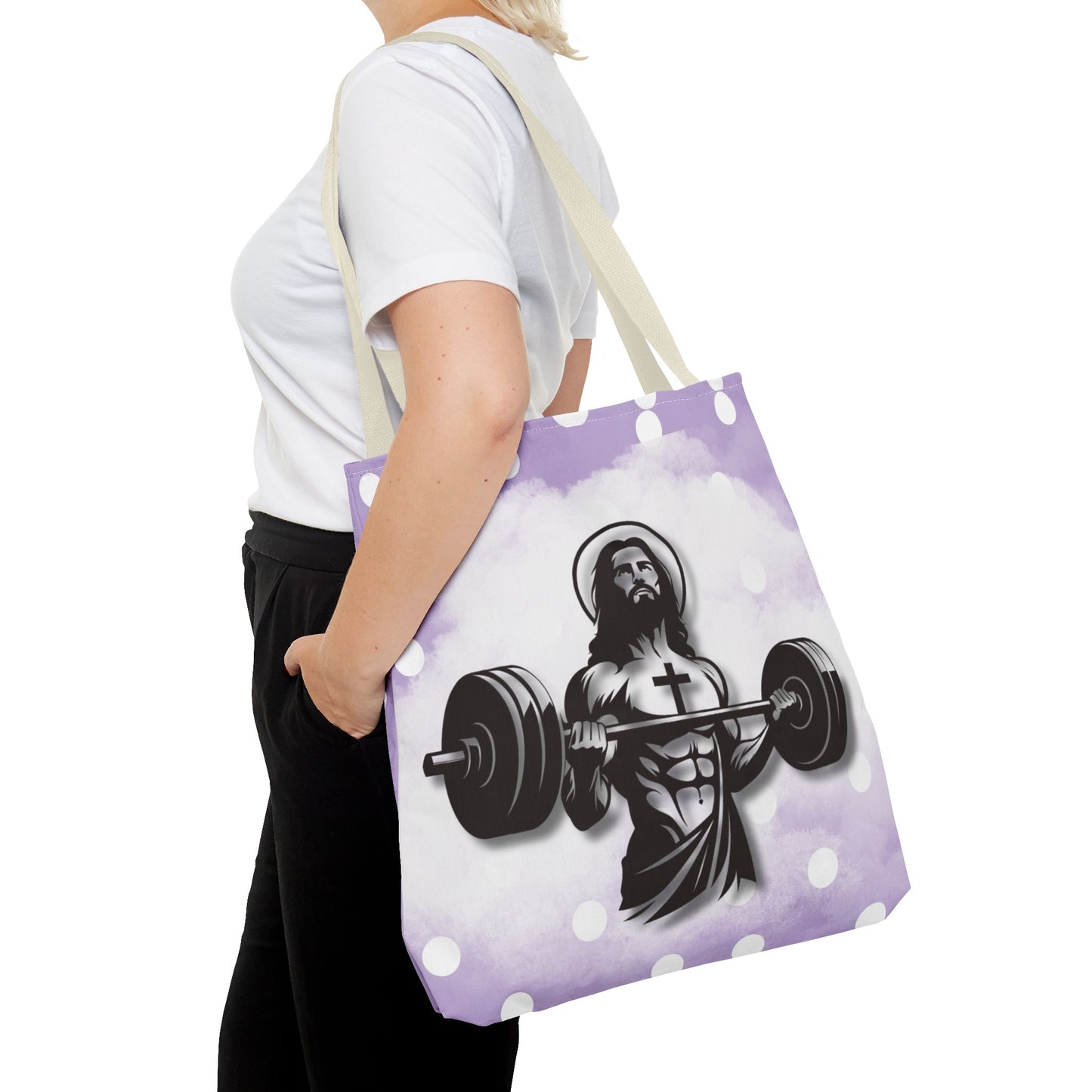 Funny Hot Jesus Christ Six Packs Abs Gym Church Tote Bag Purple Polka dots