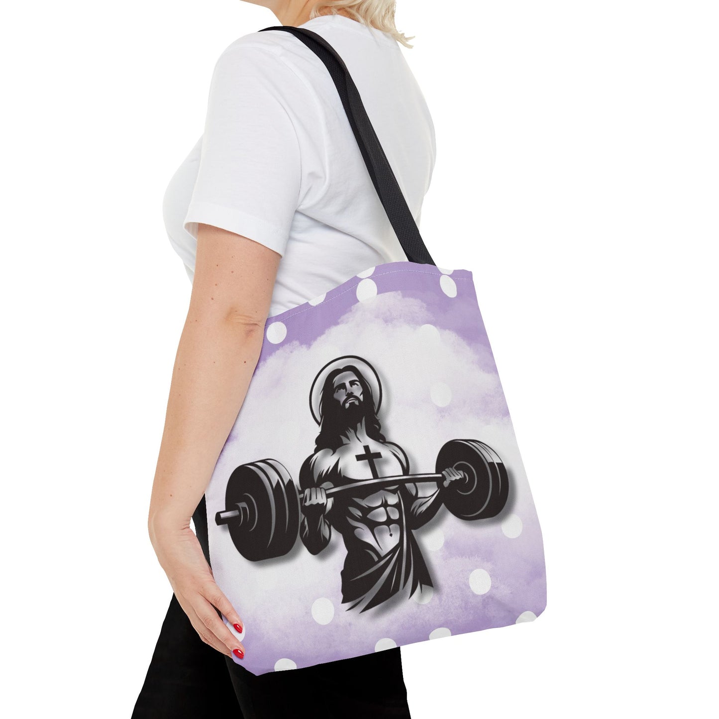 Funny Hot Jesus Christ Six Packs Abs Gym Church Tote Bag Purple Polka dots