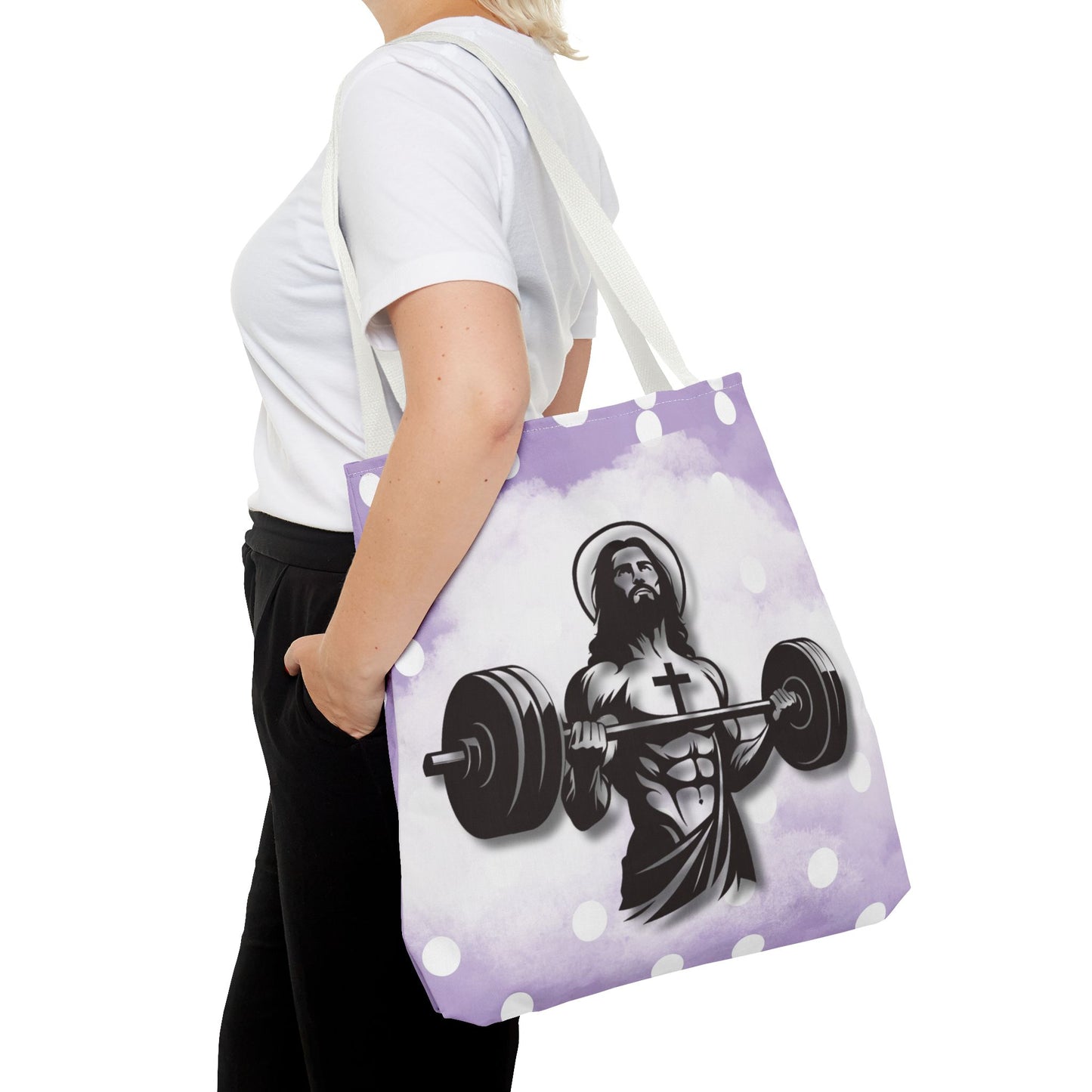 Funny Hot Jesus Christ Six Packs Abs Gym Church Tote Bag Purple Polka dots