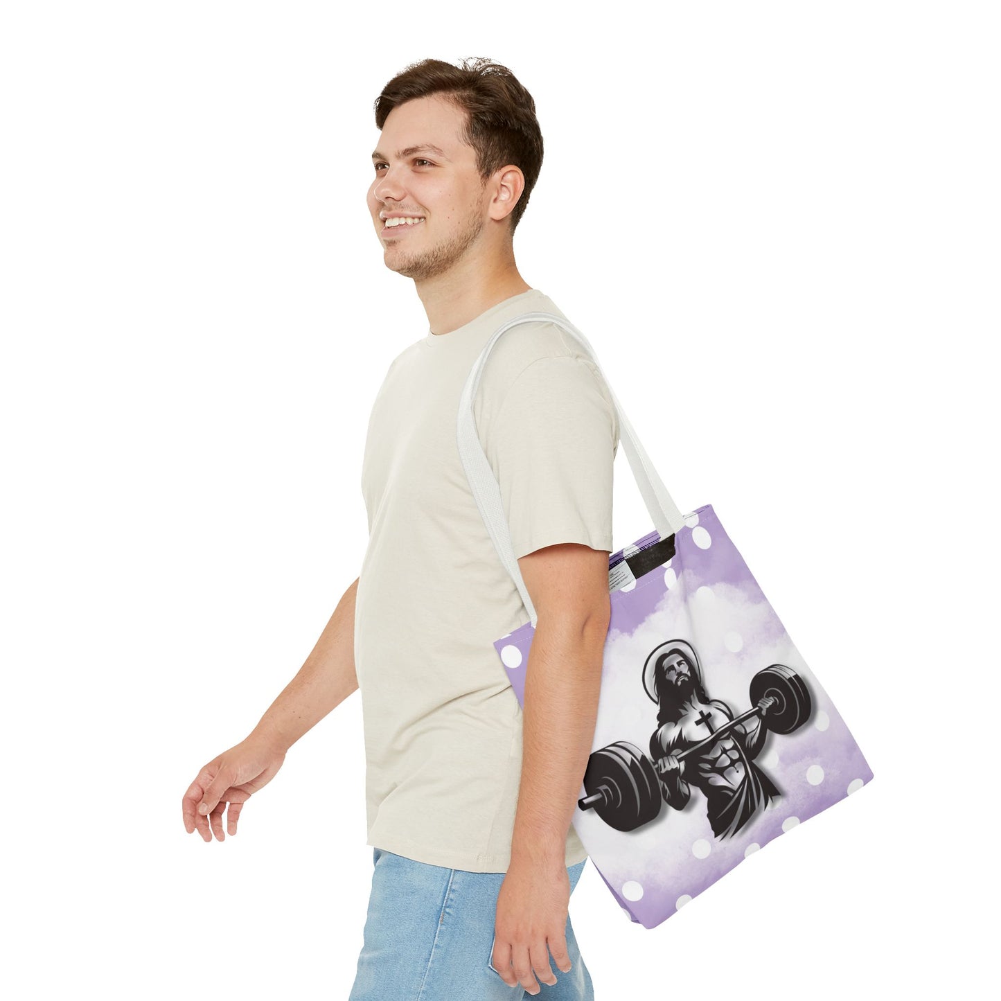 Funny Hot Jesus Christ Six Packs Abs Gym Church Tote Bag Purple Polka dots