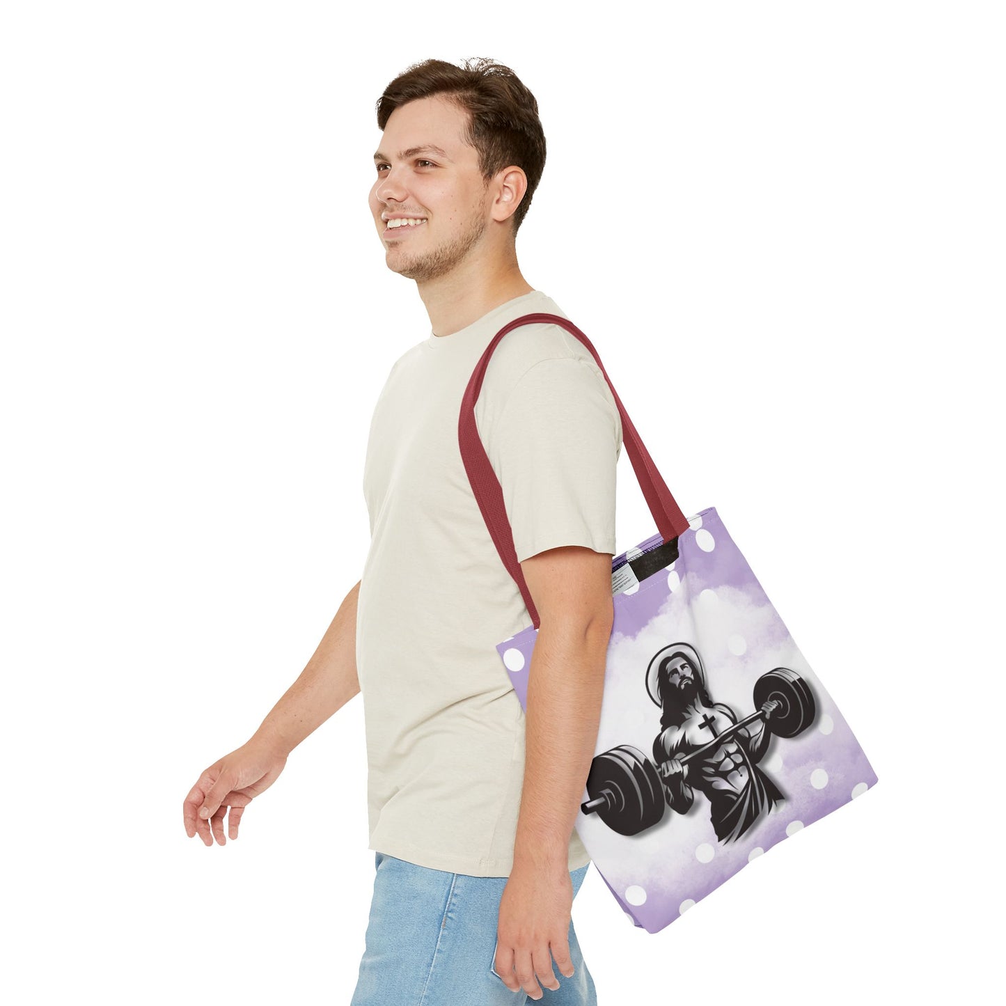 Funny Hot Jesus Christ Six Packs Abs Gym Church Tote Bag Purple Polka dots