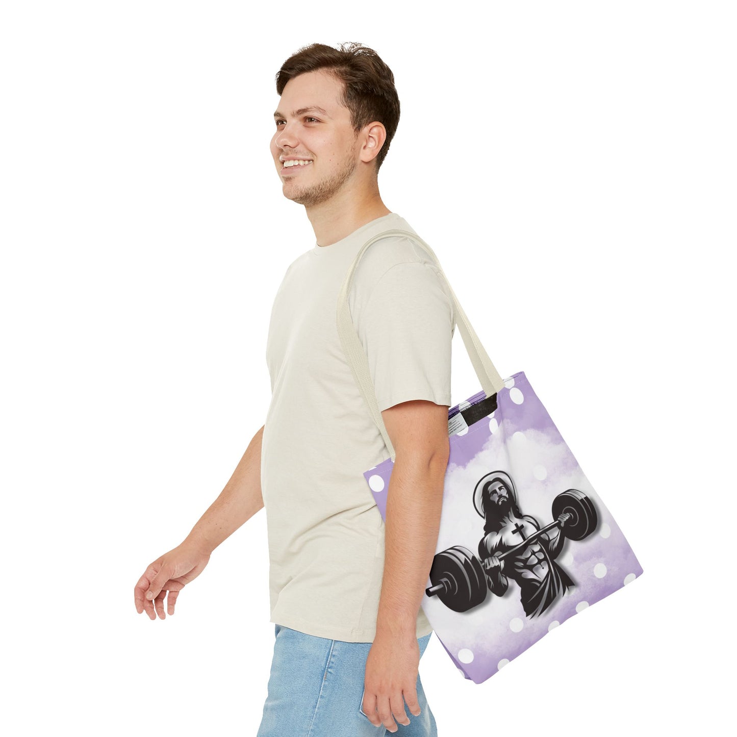 Funny Hot Jesus Christ Six Packs Abs Gym Church Tote Bag Purple Polka dots