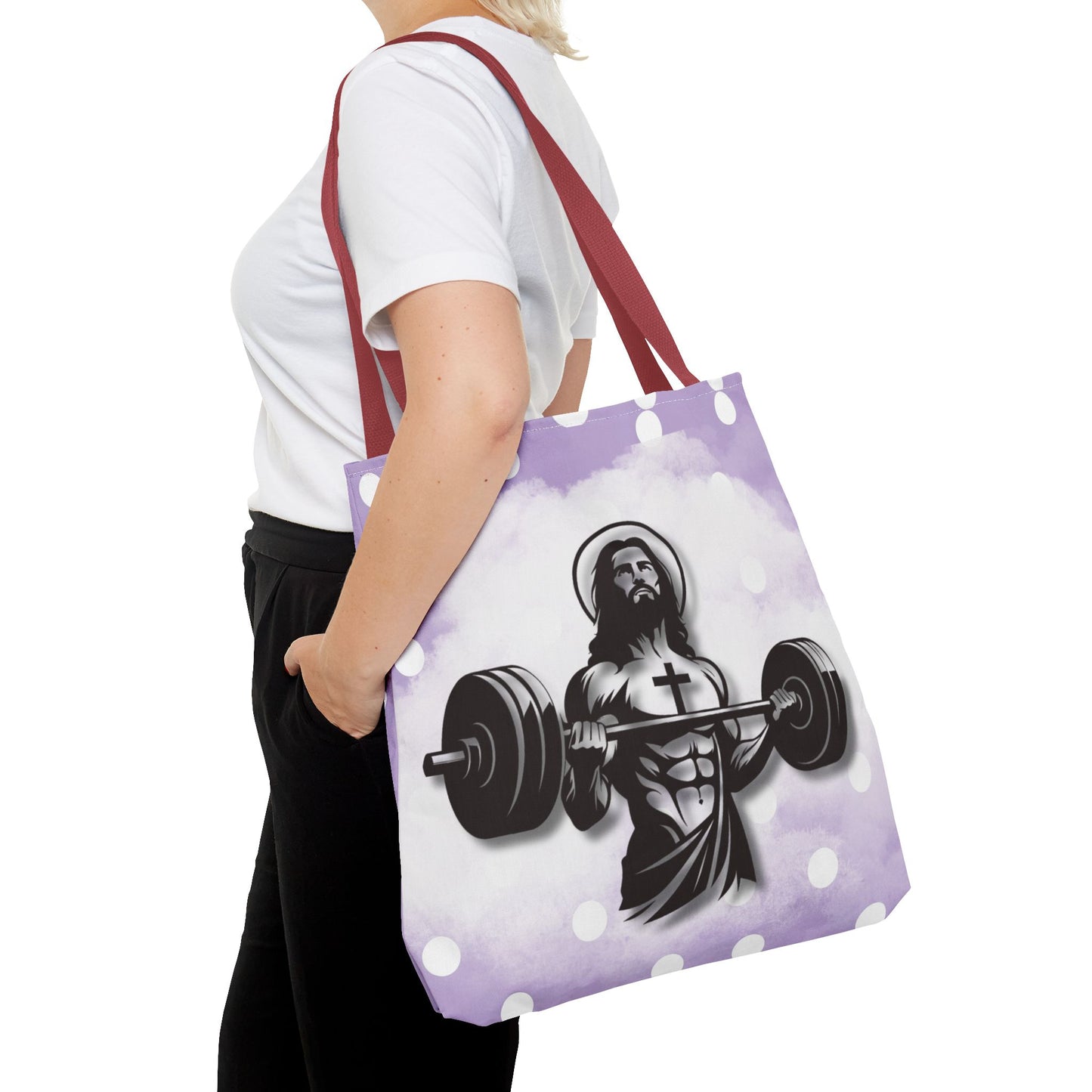 Funny Hot Jesus Christ Six Packs Abs Gym Church Tote Bag Purple Polka dots