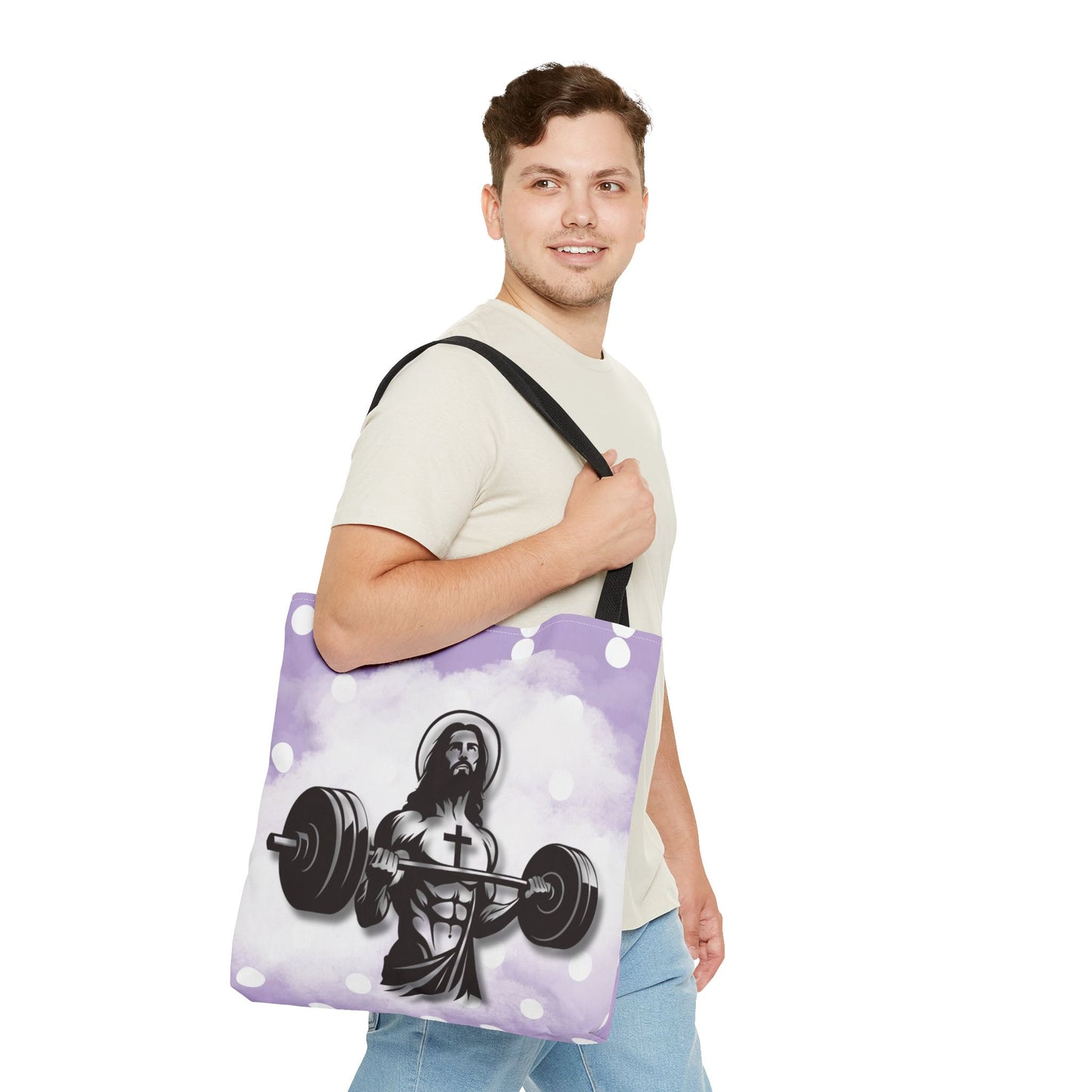 Funny Hot Jesus Christ Six Packs Abs Gym Church Tote Bag Purple Polka dots