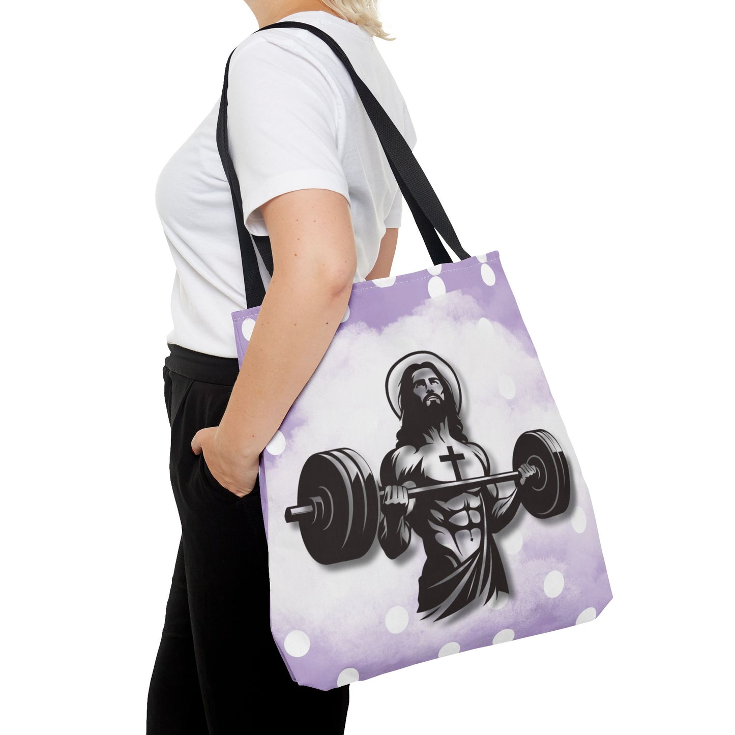 Funny Hot Jesus Christ Six Packs Abs Gym Church Tote Bag Purple Polka dots