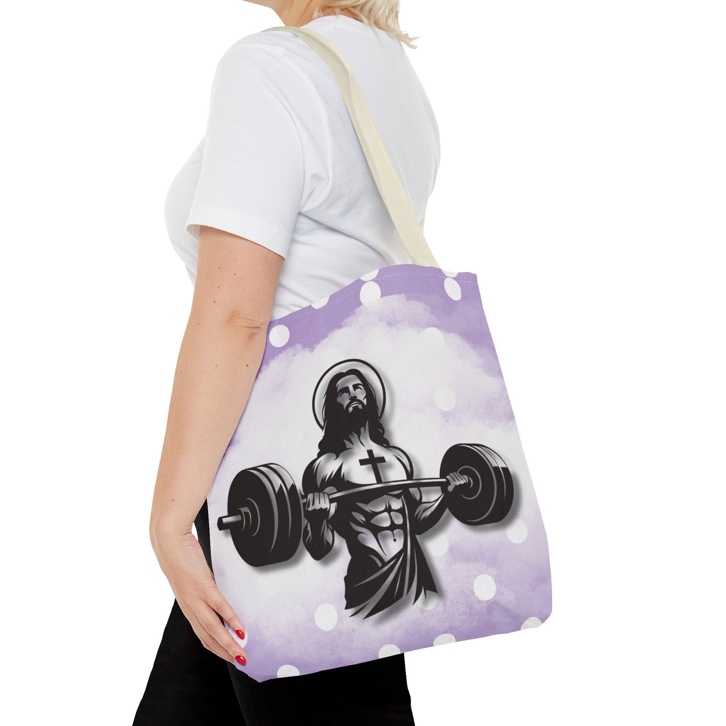Funny Hot Jesus Christ Six Packs Abs Gym Church Tote Bag Purple Polka dots