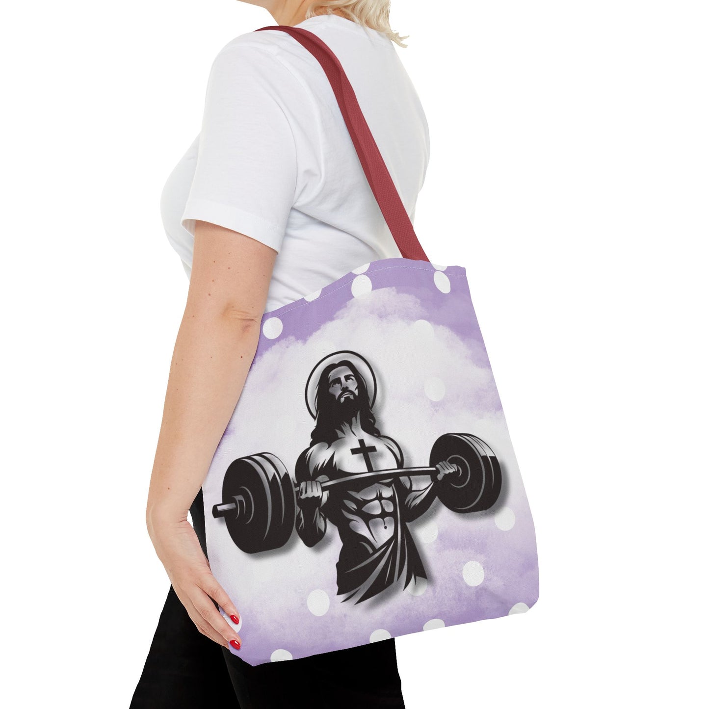 Funny Hot Jesus Christ Six Packs Abs Gym Church Tote Bag Purple Polka dots