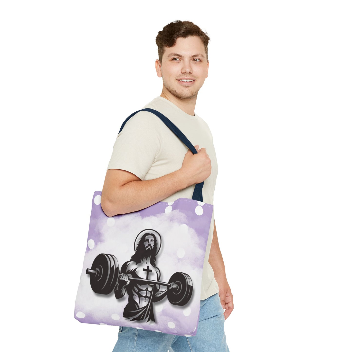Funny Hot Jesus Christ Six Packs Abs Gym Church Tote Bag Purple Polka dots