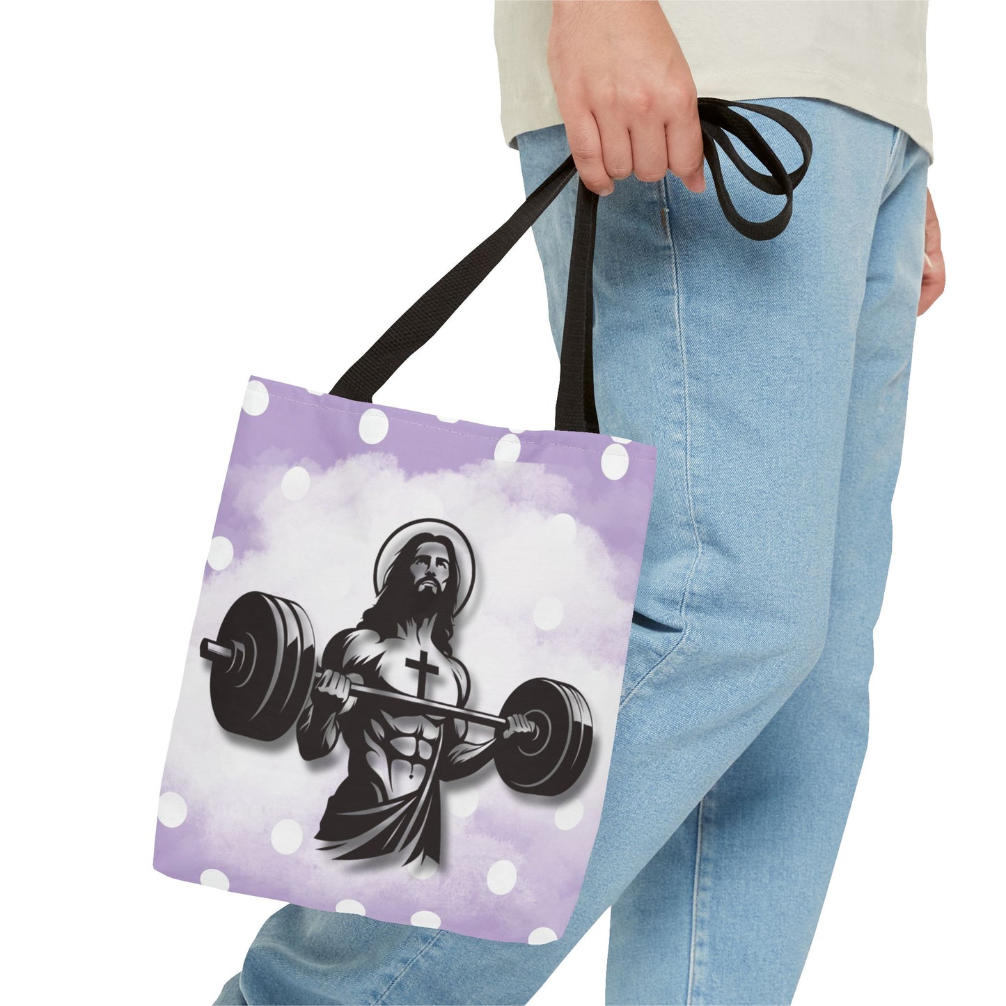 Funny Hot Jesus Christ Six Packs Abs Gym Church Tote Bag Purple Polka dots