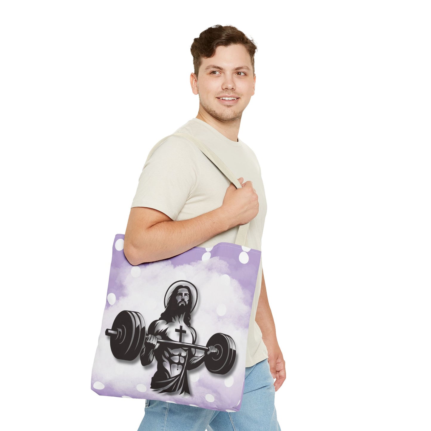Funny Hot Jesus Christ Six Packs Abs Gym Church Tote Bag Purple Polka dots